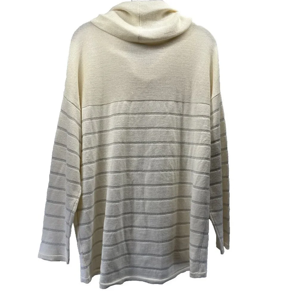 Coldwater Creek Sweater Sz‎ Large Ivory Silver Metallic Stripe Merino Wool Blend